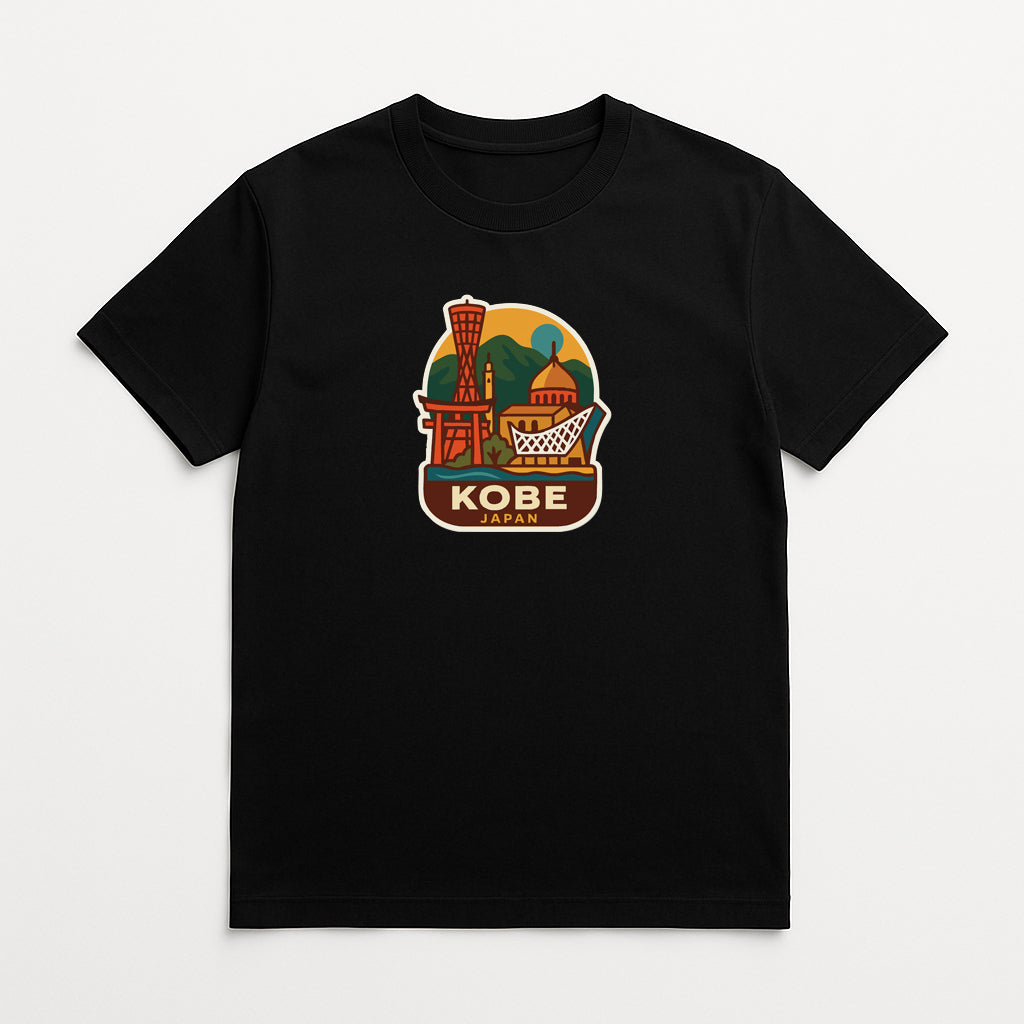 A black t-shirt with a graphic design featuring a temple, mountains, and a bird.