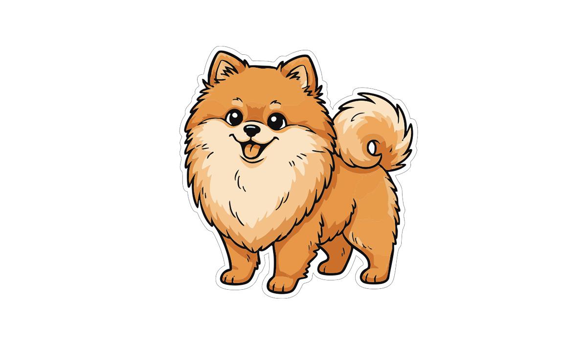 A cartoon illustration of a small, fluffy dog with a happy expression.