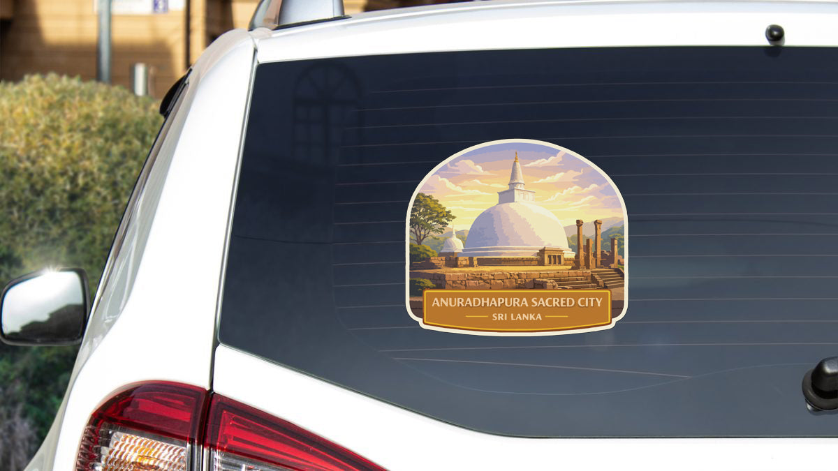 a sticker on the rear window of a car, depicting the Anuradhapura Sacred City in Sri Lanka.