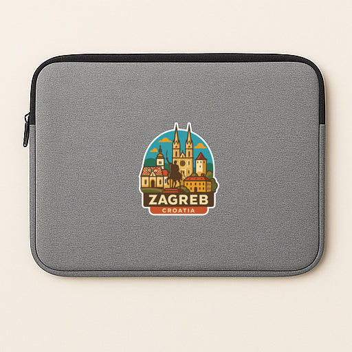 A gray laptop sleeve with a sticker of a cityscape and the text "Zagreb, Croatia" printed on it.