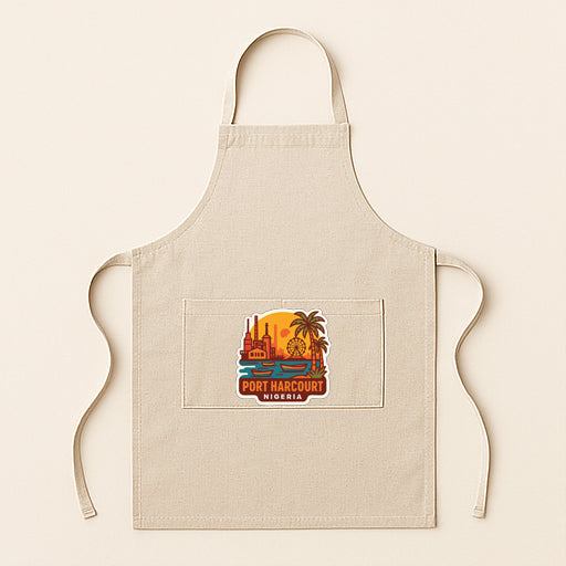 A beige apricot with a graphic of a city skyline and palm trees, along with the text "PORT HARCOURT NIGERIA" printed on it.