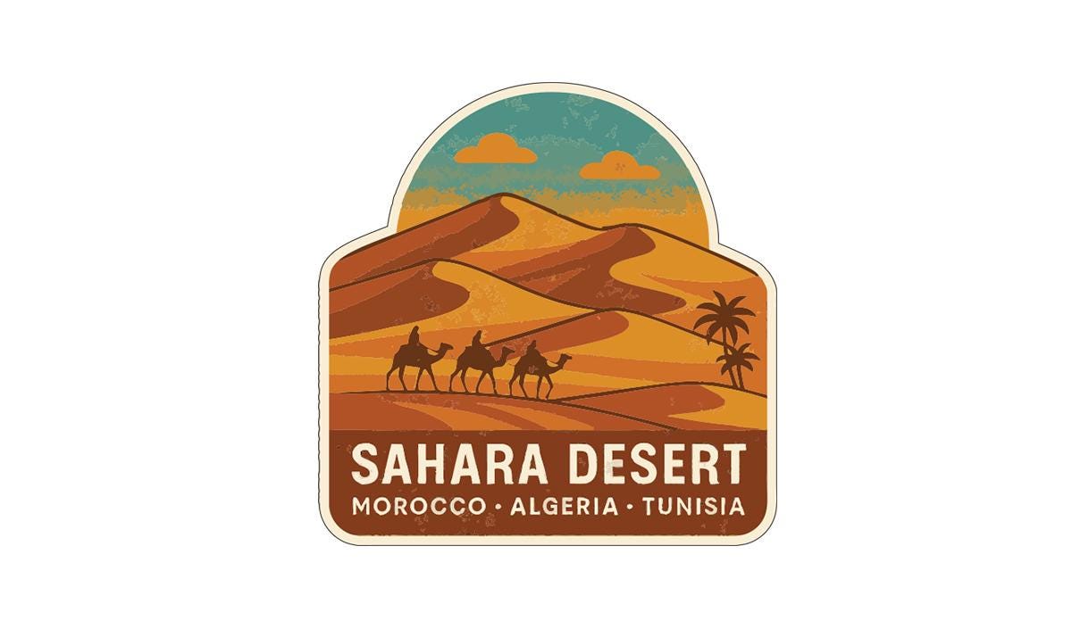 a desert landscape with sand dunes, palm trees, and three camels walking across the terrain. The desert is set against a sky with clouds, creating a serene and picturesque scene. The text "SAHARA DESERT" is prominently displayed, indicating the location of the desert.