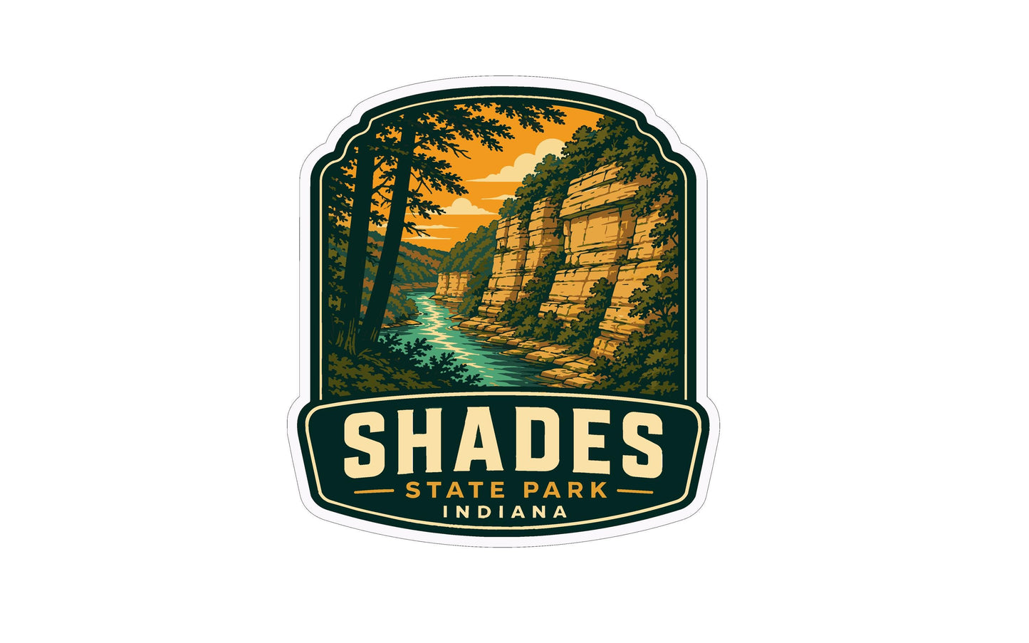 A sticker or emblem featuring a scenic landscape with a river, cliffs, and trees, along with the text "SHADES STATE PARK INDIANA".