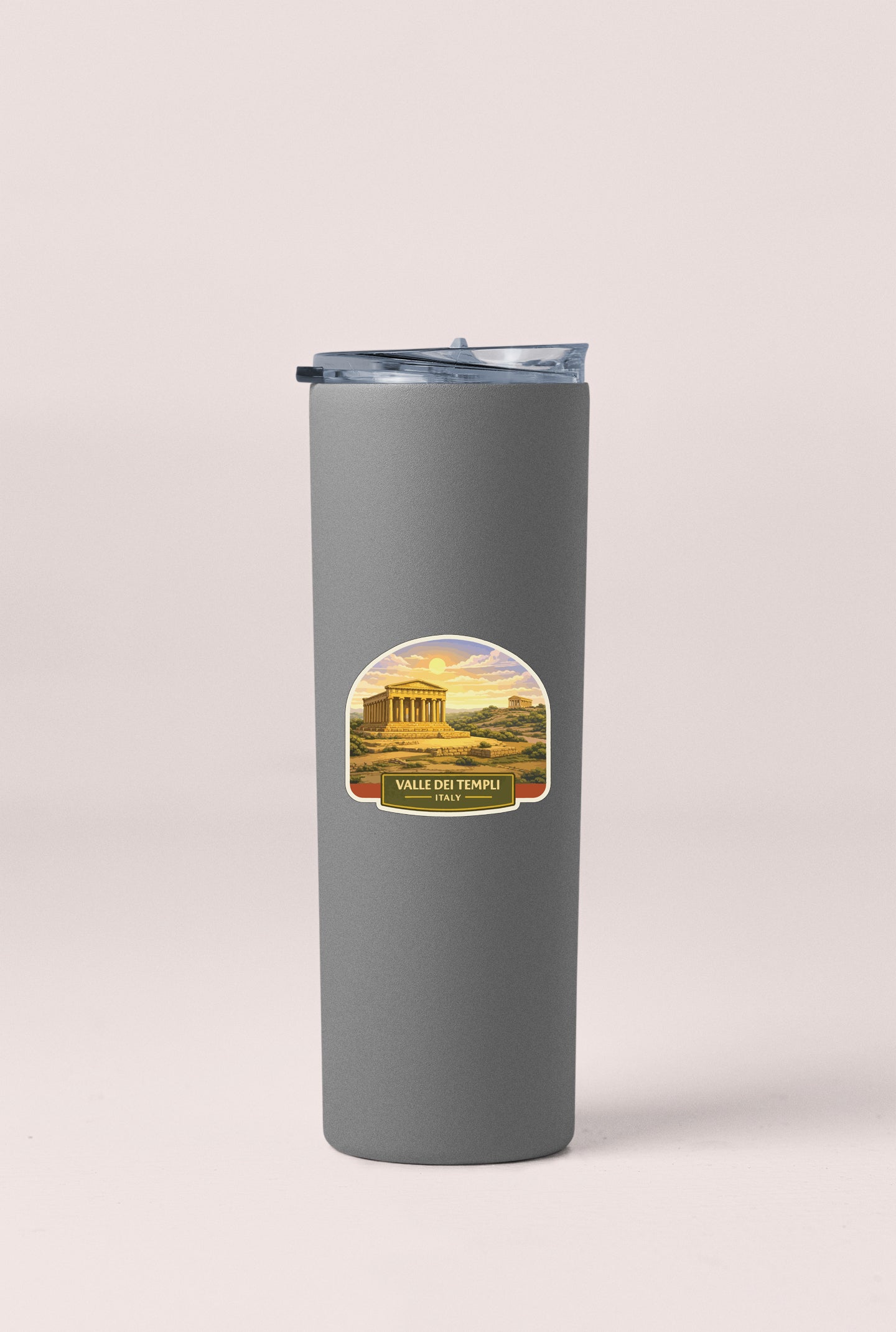 A gray insulated tumbler with a label that features an image of a temple and the text "VALLE DE TEMPLE ITALY".