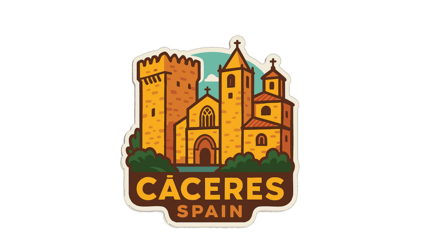 a stylized illustration of a castle or fortress with towers and spires, surrounded by greenery. The text "CÁCERES SPAIN" is prominently displayed in the center of the image.