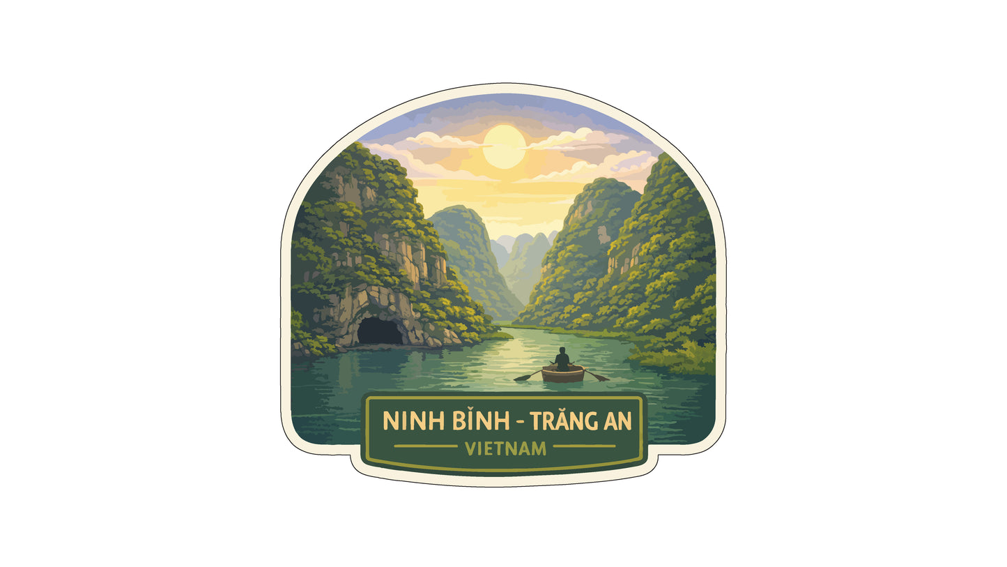 a scenic view of the limestone cliffs and lush greenery of the limestone island in Vietnam, with a small boat floating on the calm waters of the lake.