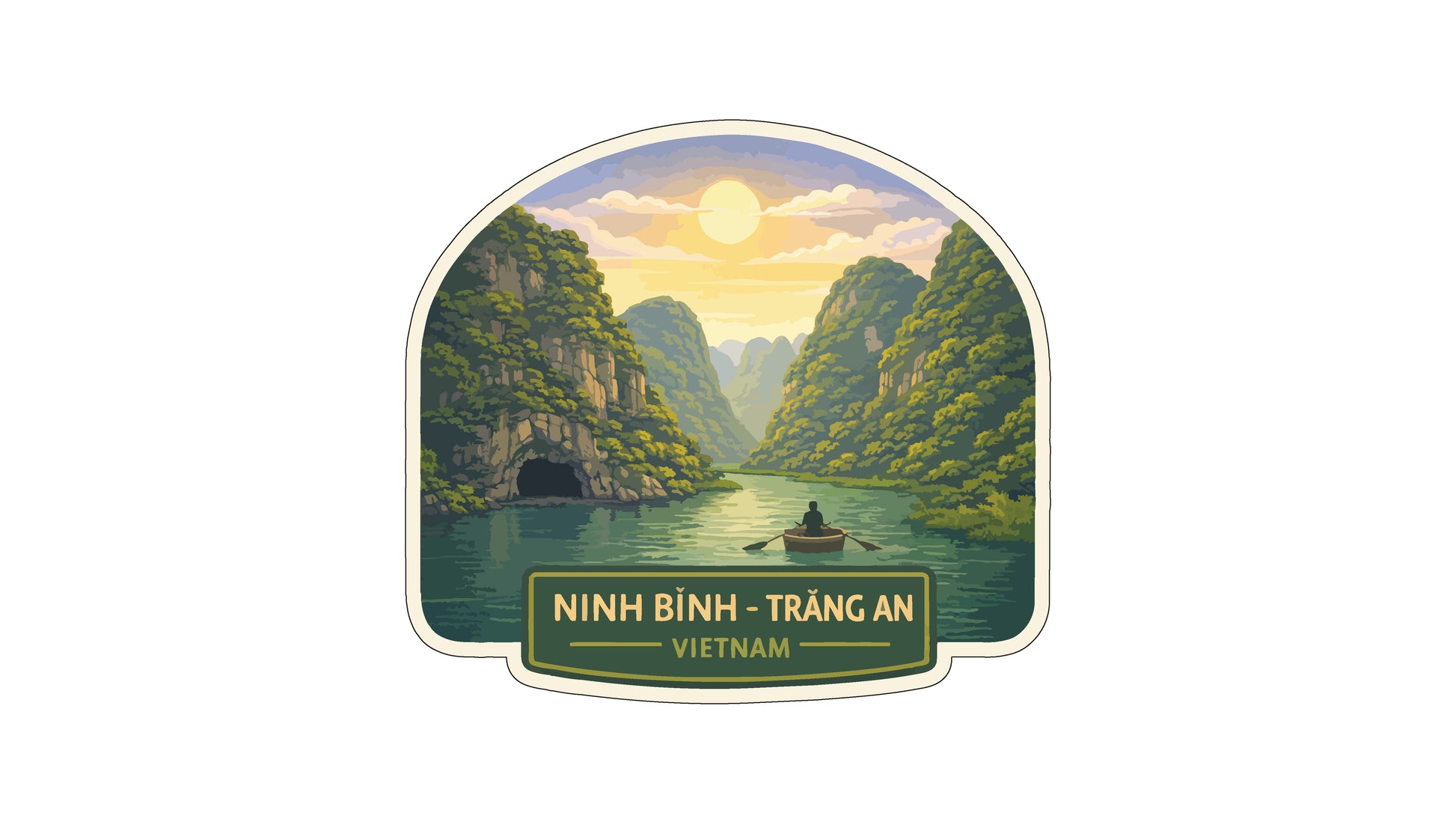 a scenic view of the limestone cliffs and lush greenery of the limestone island in Vietnam, with a small boat floating on the calm waters of the lake.