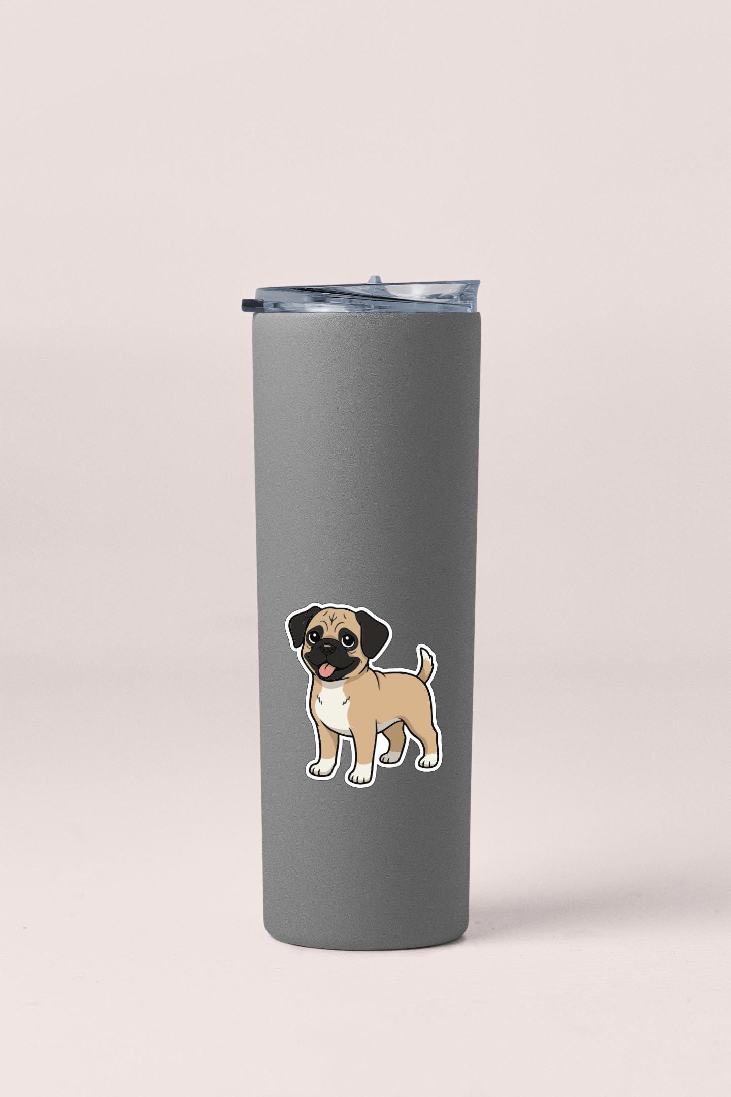 A gray insulated tumbler with a cartoon illustration of a pug dog on the front.