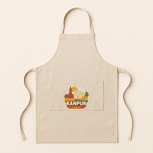 A beige apricot with a graphic of Kanpur, a city in India, printed on it.