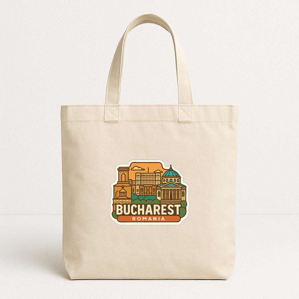 A beige tote bag with a printed design depicting the city of Bucharest, Romania.