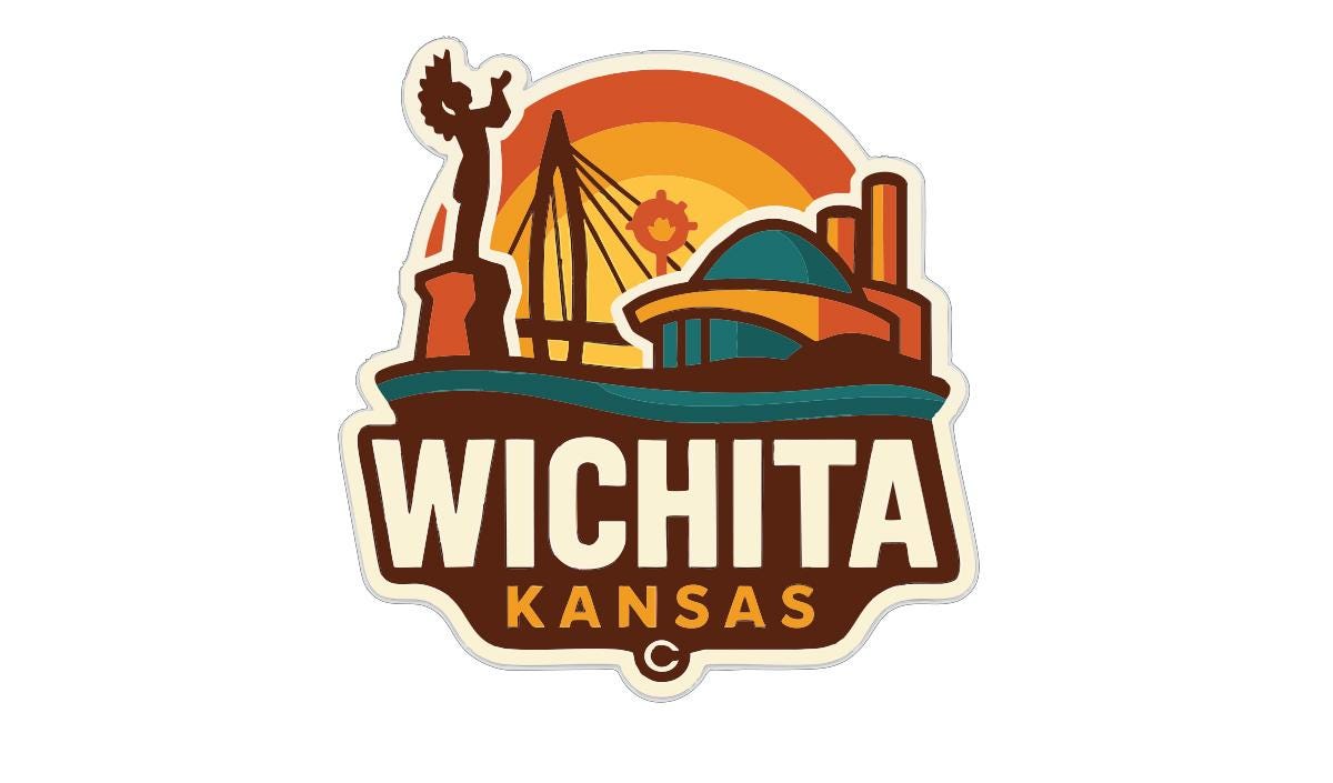 a stylized logo for the state of Kansas, with a sunset and a statue in the background.