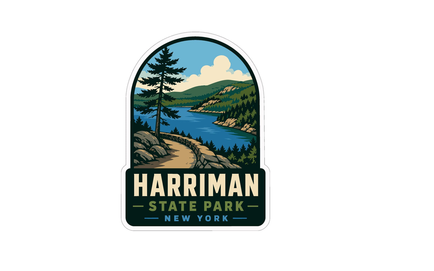 A sticker depicting a scenic landscape with a river, mountains, and a pine tree, with the text "HARRMAN STATE PARK NEW YORK" prominently displayed.