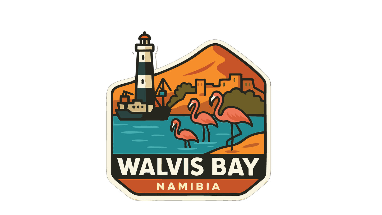 A sticker depicting Walvis Bay in Namibia, featuring a lighthouse, flamingos, and a cityscape in the background.