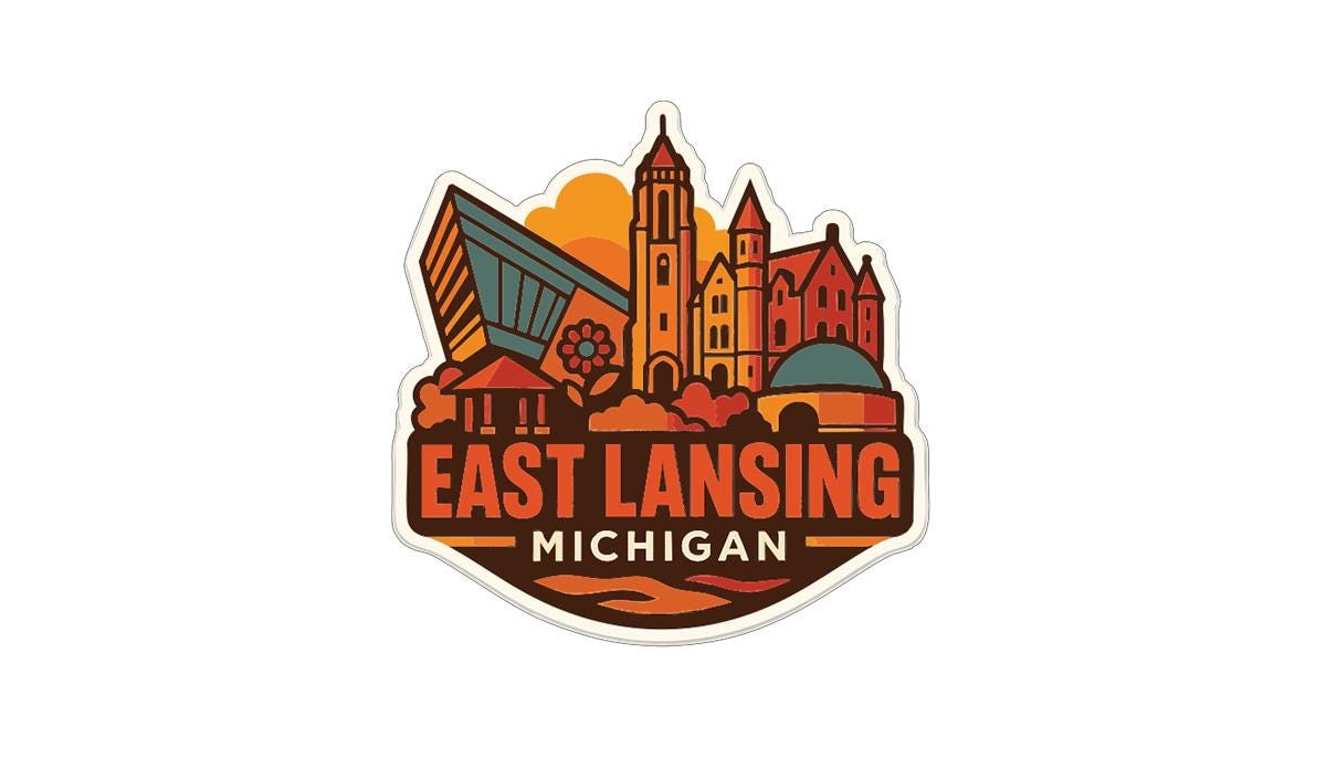 A stylized logo for East Lansing, Michigan, featuring a cityscape with various buildings and landmarks.