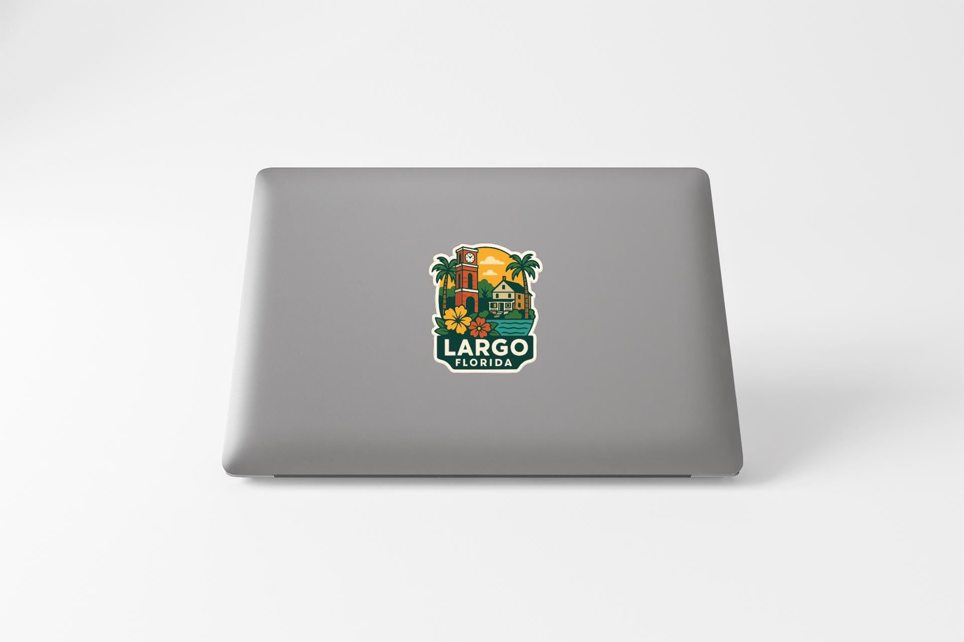 A sticker on the back of a laptop displaying the logo of Largo, Florida.