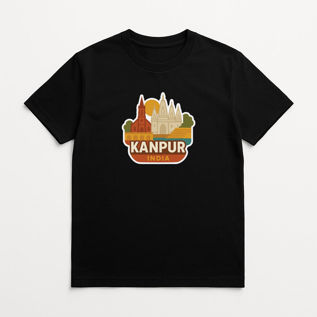 A black t-shirt with a colorful graphic design depicting the skyline of Kanpur, India.