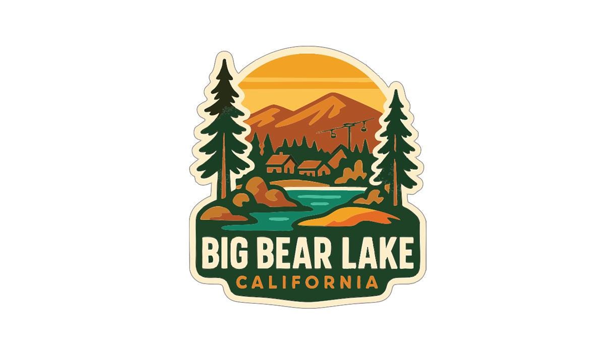 A sticker or logo depicting a scenic landscape with mountains, pine trees, a lake, and a sunset, with the text "BIG BEAR LAKE CALIFORNIA" prominently displayed.