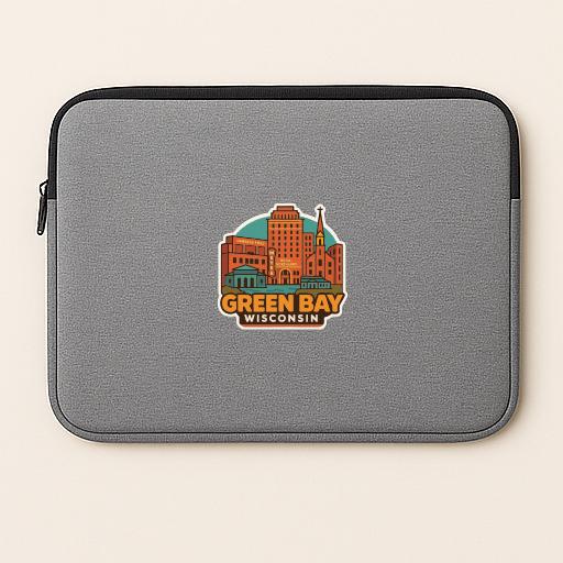 A gray laptop sleeve with a sticker depicting the cityscape of Green Bay, Wisconsin.