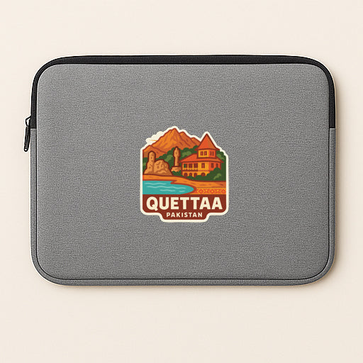 A gray laptop sleeve with a logo of Quettaa, Pakistan, featuring a mountain landscape and a building.