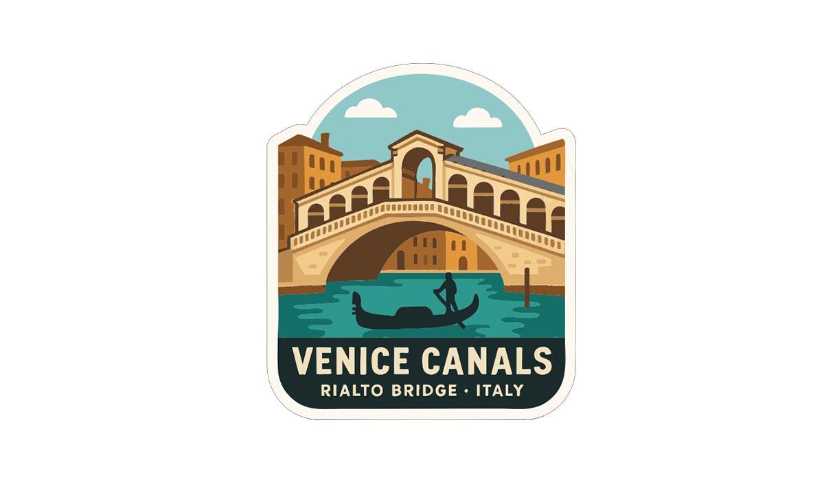 a sticker or emblem with a silhouette of a gondola and the text "VENICE CANALS RIALTO BRIDGE - ITALY" prominently displayed.