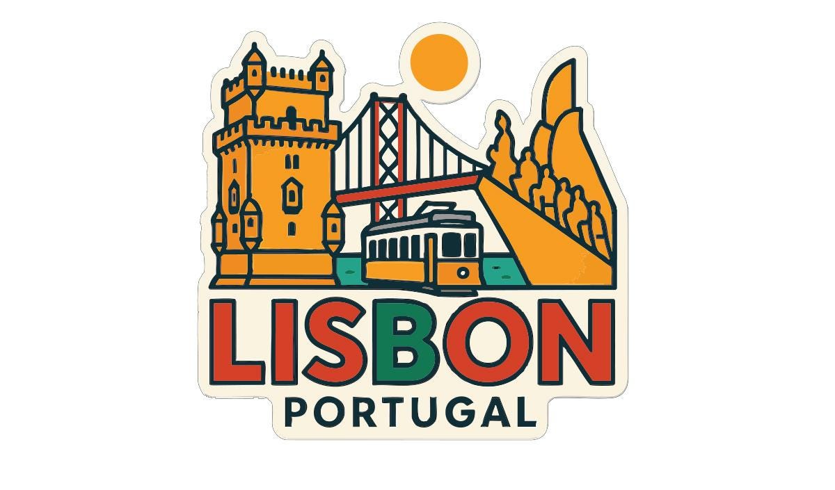 a sticker or illustration of the city of Lisbon, Portugal, with various landmarks and elements such as a castle, a bridge, and a tram.