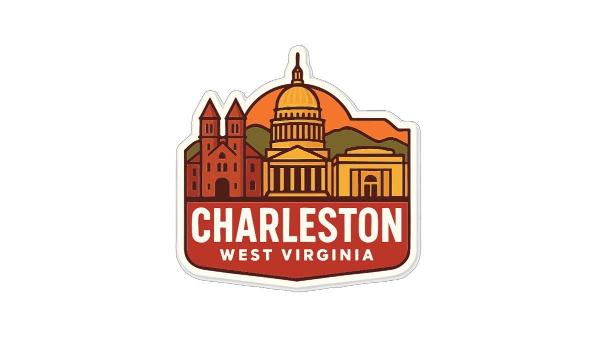 A sticker or emblem featuring the skyline of Charleston, West Virginia, with the city's iconic landmarks such as the State Capitol and the University of Charleston prominently displayed.