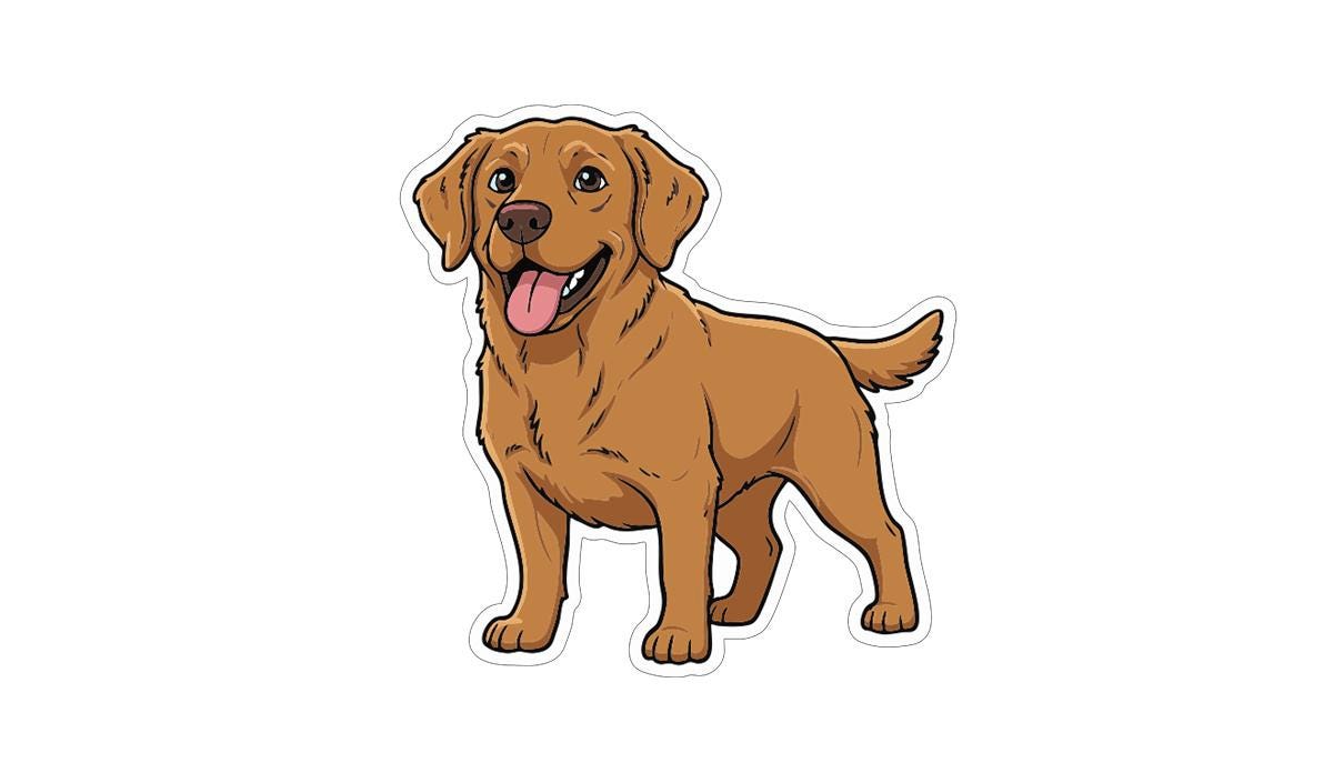 A cartoon illustration of a brown dog with a happy expression, standing on all fours and looking directly at the viewer.