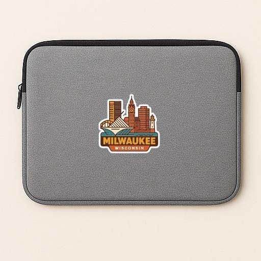 A gray laptop sleeve with a graphic of the Milwaukee skyline and the text "Milwaukee Wisconsin" printed on it.