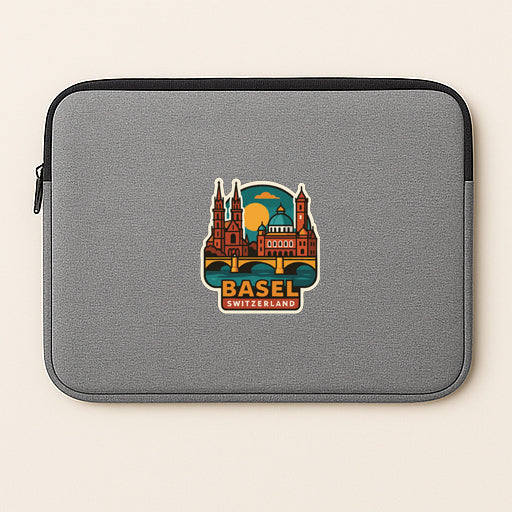 A gray laptop sleeve with a colorful sticker depicting a cityscape and the text "BASEL SWITZERLAND".