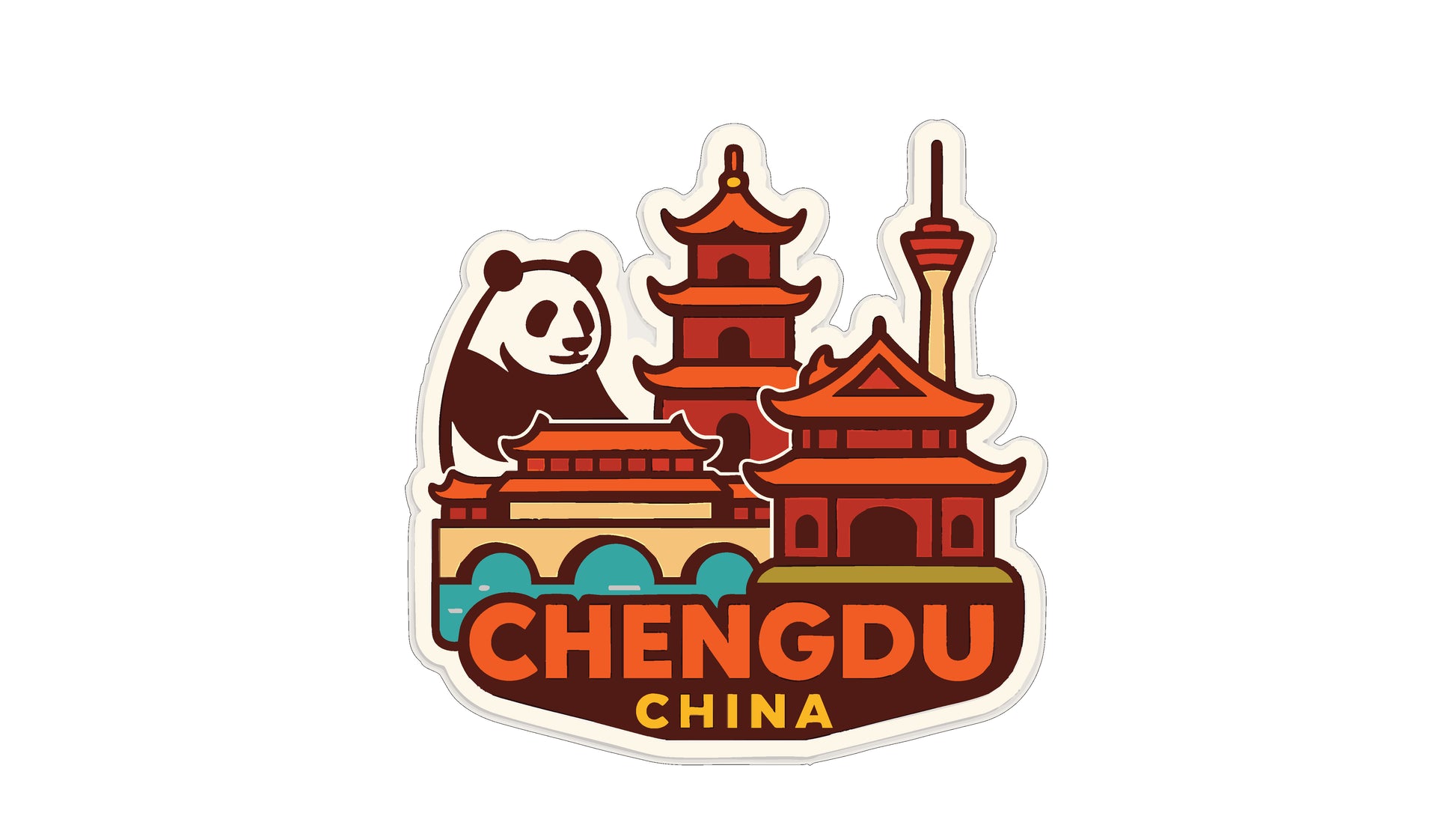 A sticker depicting the landmarks and architecture of Chengdu, China, with a panda bear in the foreground.