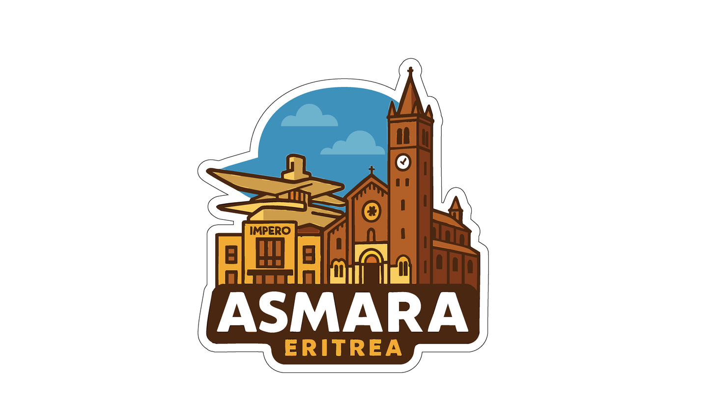 a stylized illustration of a cityscape with a clock tower, buildings, and a church, along with the text "ASMARA ERITREA" prominently displayed.