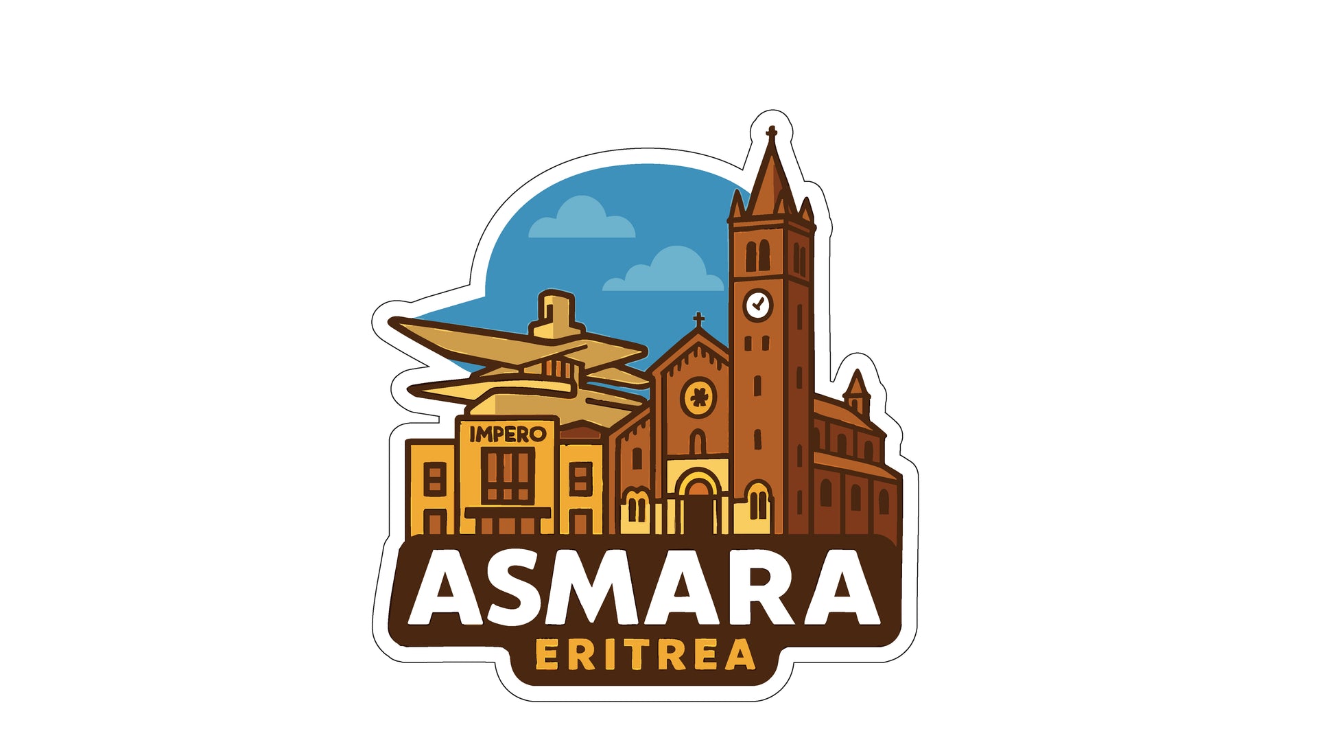 a stylized illustration of a cityscape with a clock tower, buildings, and a church, along with the text "ASMARA ERITREA" prominently displayed.