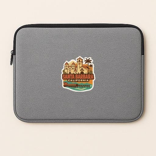 A gray laptop sleeve with a sticker of Santa Barbara, California.