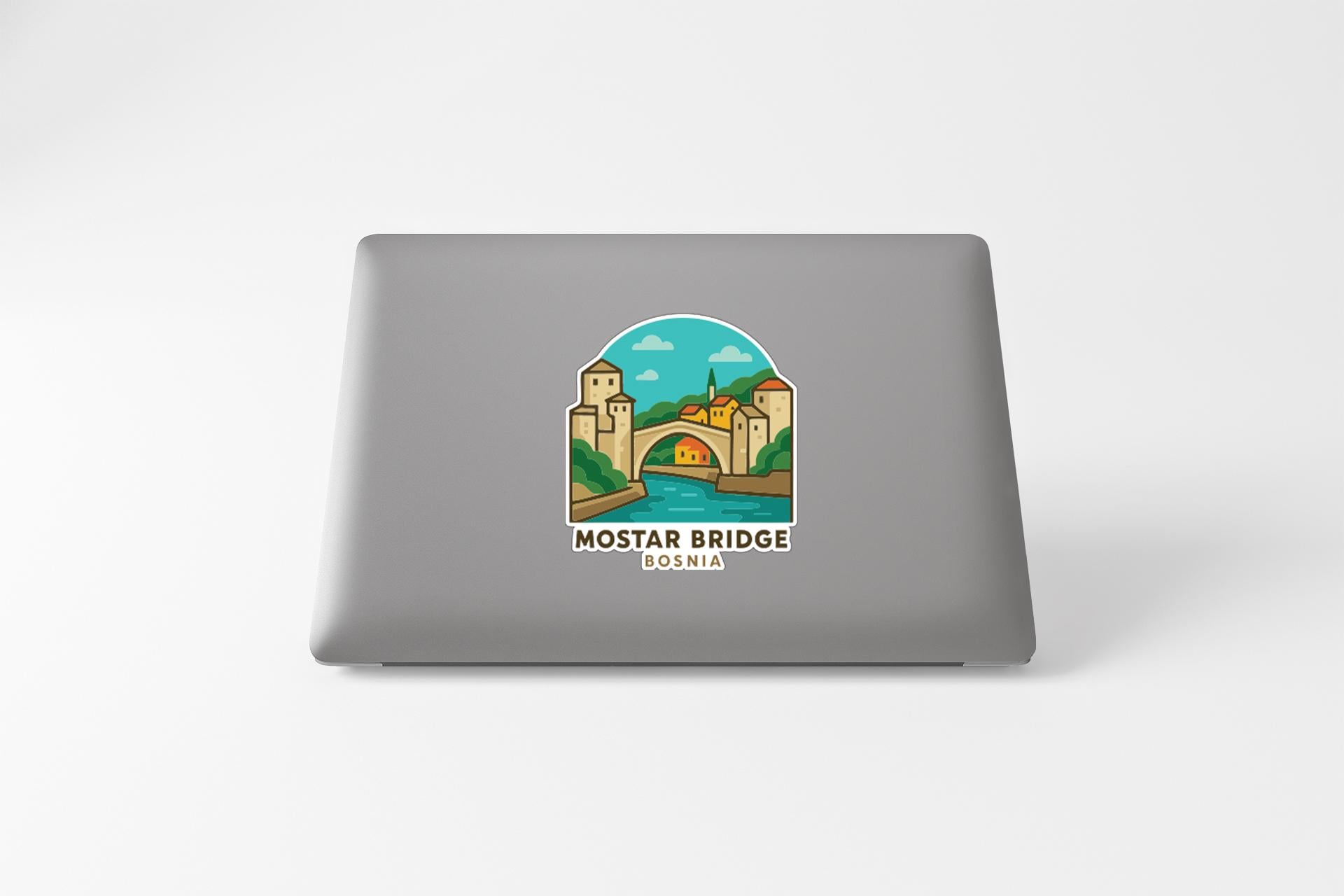 a sticker or decal of the Mostar Bridge in Bosnia and Herzegovina.