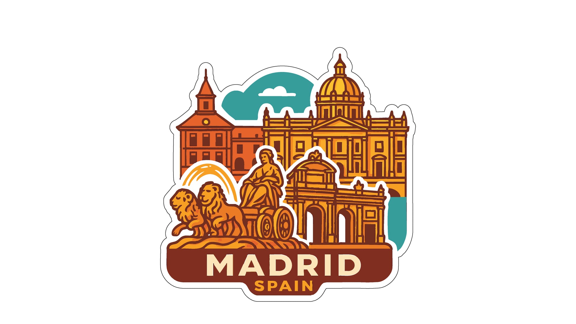 The image is a sticker or illustration depicting the landmarks and architecture of Madrid, Spain.