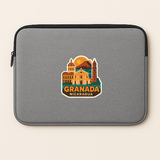 A gray laptop sleeve with a graphic design depicting the city of Granada, Nicaragua.