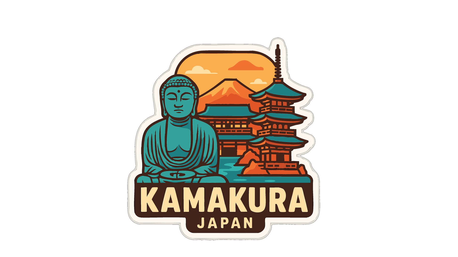 A sticker depicting a Buddha statue in front of a traditional Japanese temple, with the text "KAMAKURA JAPAN" below.