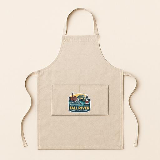 A beige apricot with a graphic design on the front pocket, featuring a river and a lighthouse.