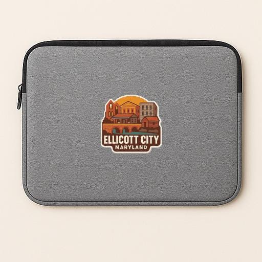 A gray laptop sleeve with a logo of Ellicott City, Maryland.