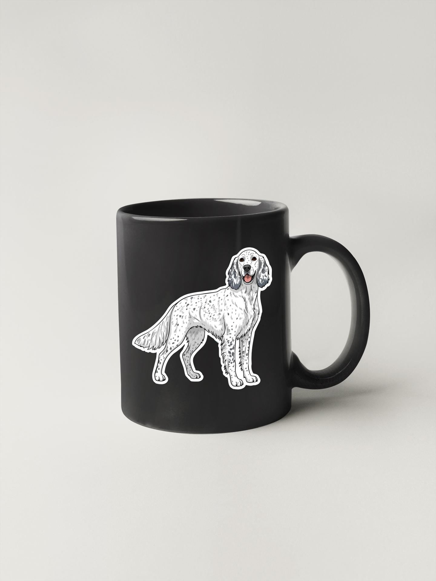 A black mug with a white dog illustration on it.