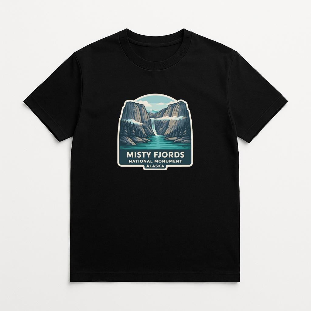 A black t-shirt with a graphic design depicting a mountainous landscape with a waterfall.