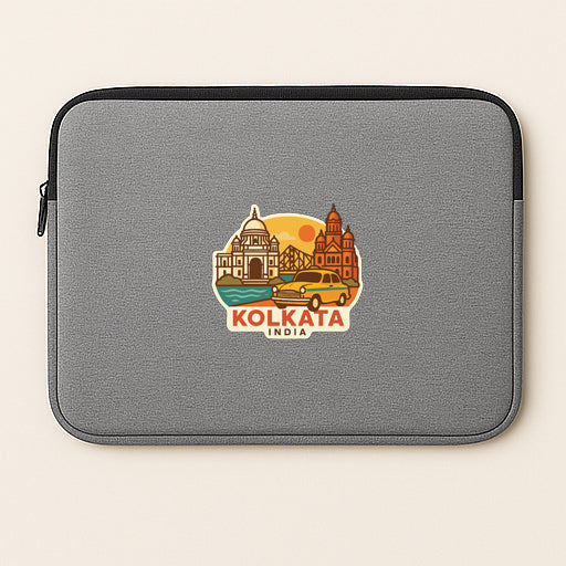 A gray laptop sleeve with a sticker depicting the city of Kolkata, India.