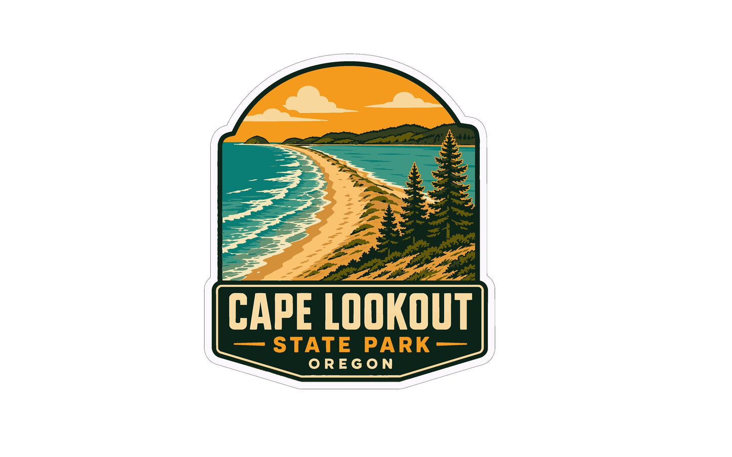 A sticker or emblem featuring a scenic beach landscape with pine trees, mountains, and a sunset over the ocean.