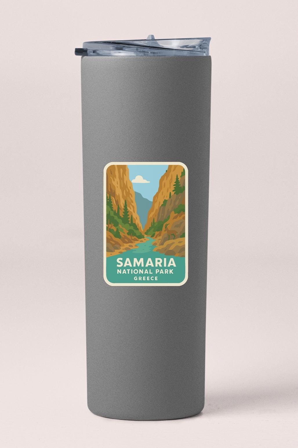 A gray insulated tumbler with a label that says "SAMARIA NATIONAL PARK GREECE".