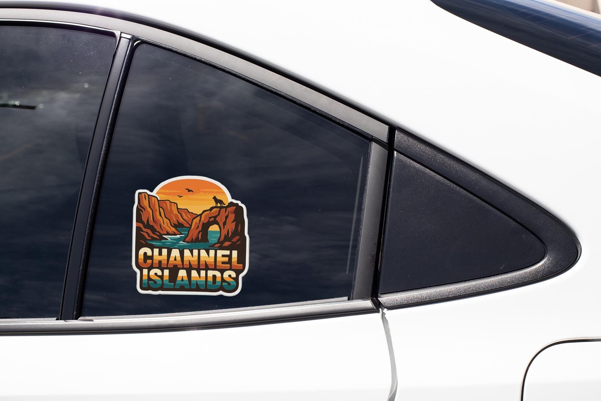 A car window with a sticker that says "Channel Islands" on it.