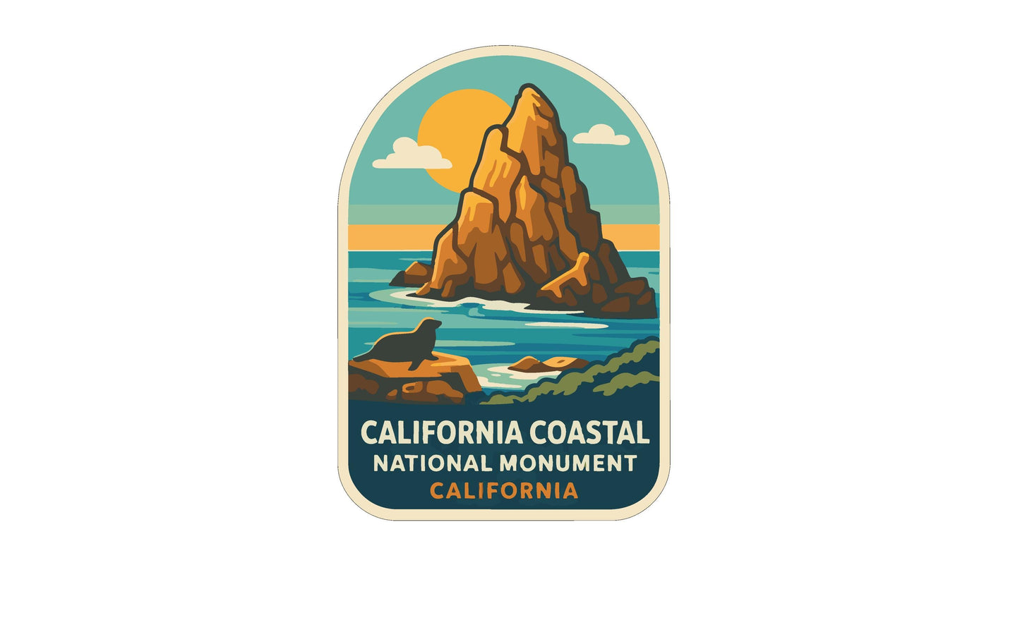 a sticker or emblem with a mountain, ocean, and a seal, representing the California Coastal National Monument.
