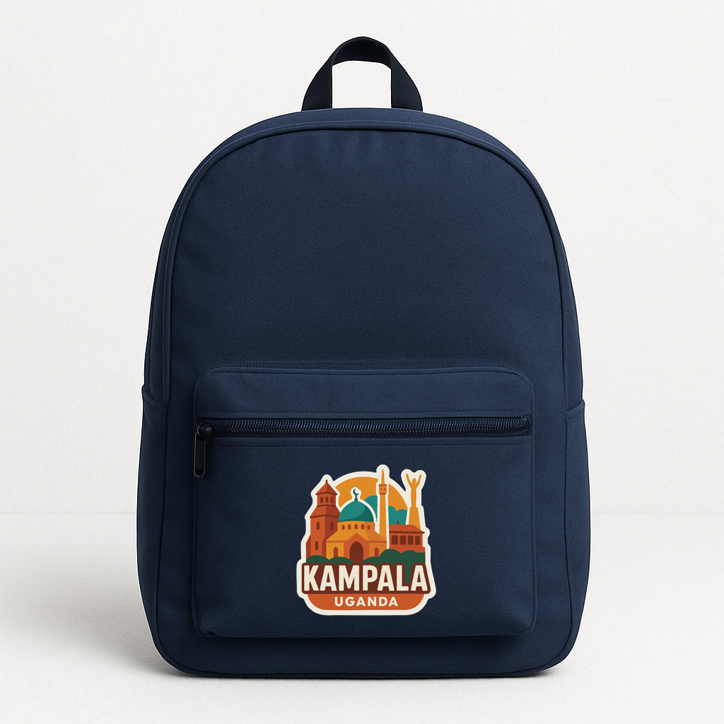 A navy blue backpack with a sticker on the front that says "KAMPALA UGANDA".
