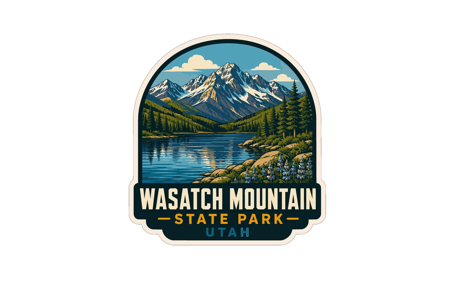 A sticker or emblem featuring a scenic landscape with mountains, a lake, and pine trees, with the text "Wasatch Mountain State Park Utah" prominently displayed.