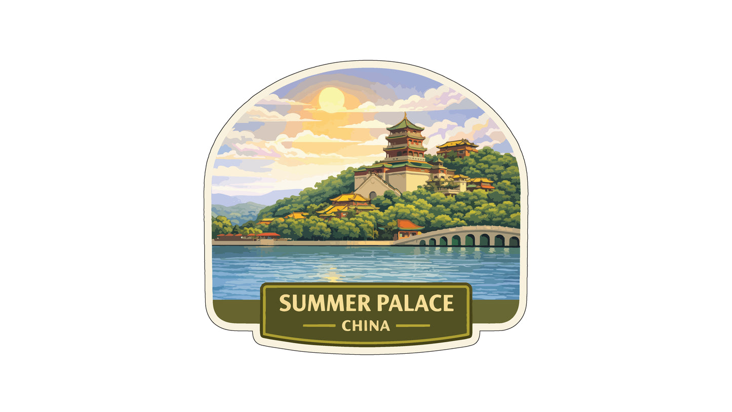 a scenic view of the Summer Palace in China, with a traditional Chinese pagoda and a bridge overlooking a body of water.