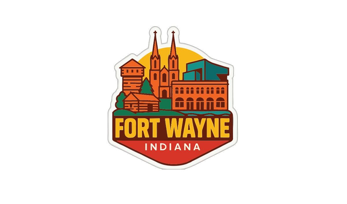 A sticker or emblem featuring the Fort Wayne, Indiana skyline, with various buildings and landmarks depicted in a stylized manner.